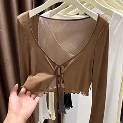 See Through Shirts Women Sexy Vintage Y2k Crop Tops Streetwear Harajuku Slim Long Sleeve Single-breasted Blouse Black Wine