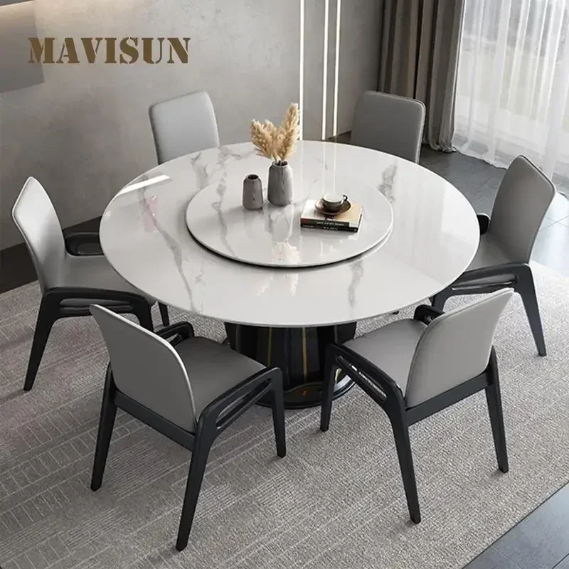 Modern Minimalist Light Luxury Round Table Turntable Nordic High-end Rock Slab Dining Table And Chair Combination Home Furniture