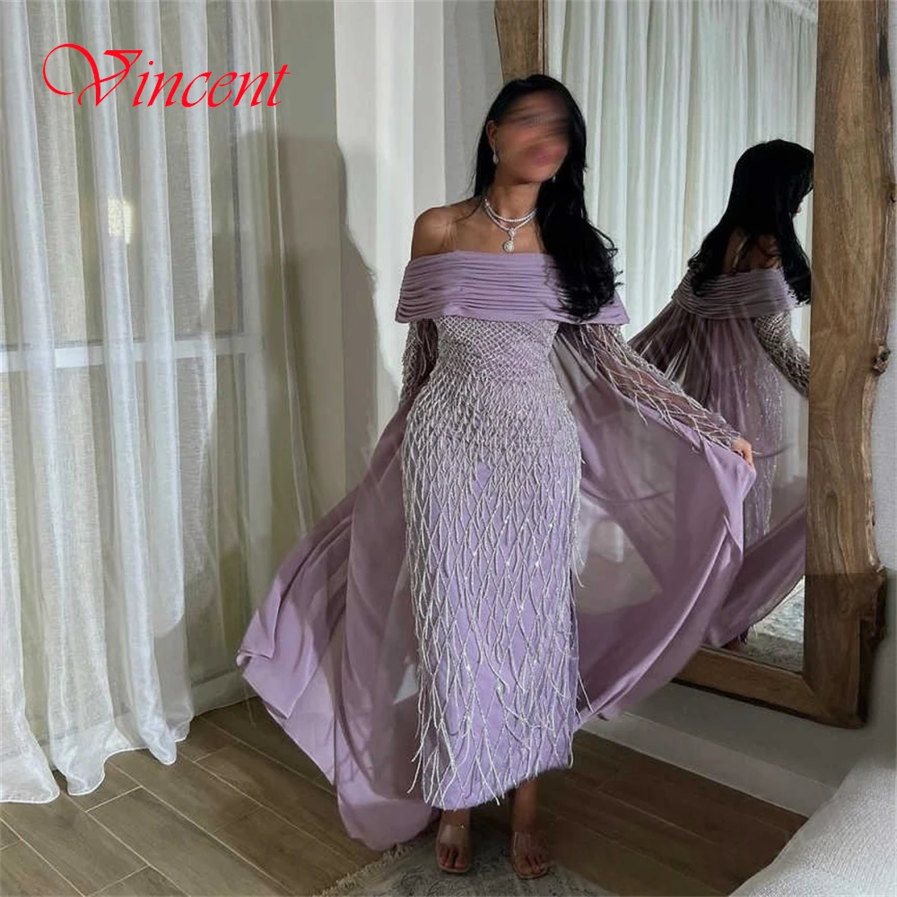 Customized Graceful Purple Jersey Evening Dress Formal Boat Neck Long Sleeves Celebrity Gowns Delicate Tassel Beading Prom Dress