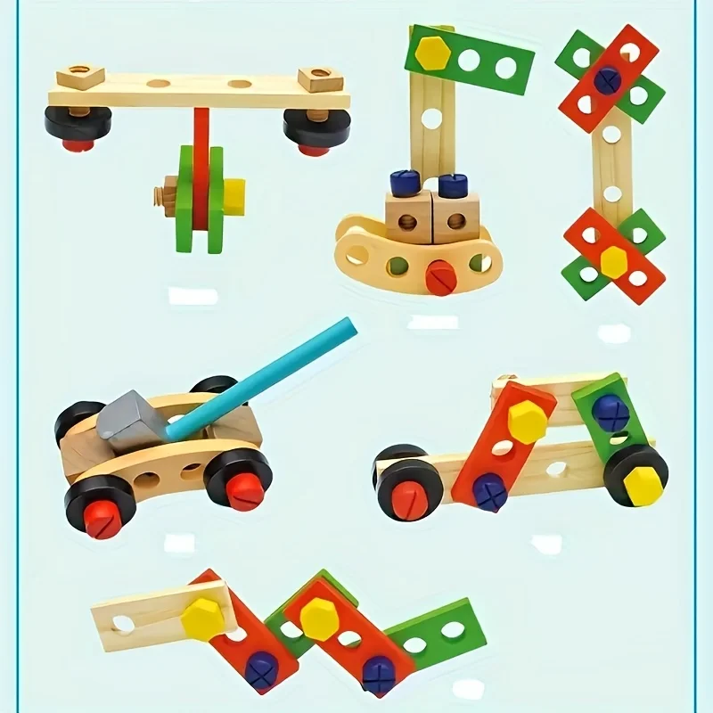 Simulation Wooden Toolbox Toy for Kids, Vehicle Assemble Building Blocks Puzzle and Educational Game Toy for Boys and Girls
