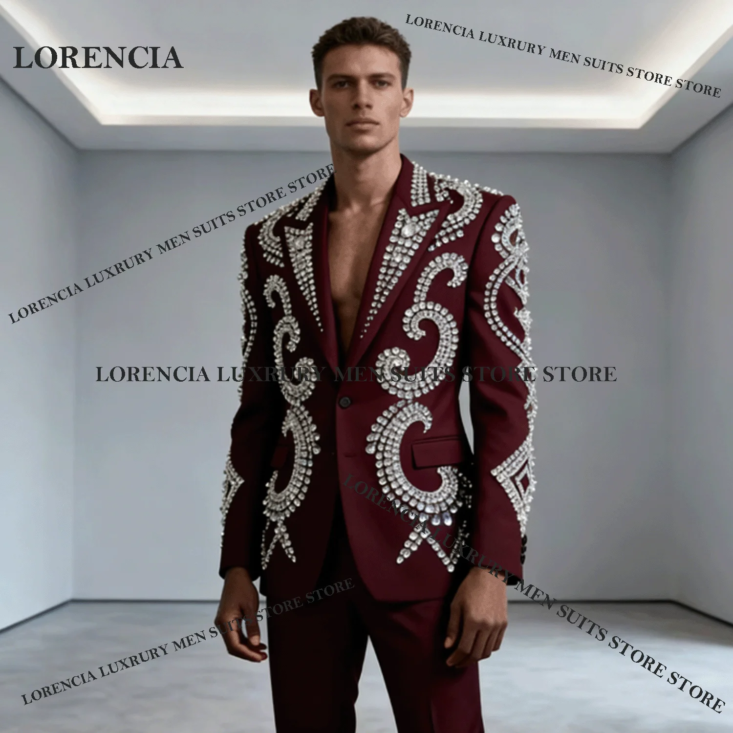 

High End Customized Stones Men Suit 2 Piece Set Wedding Tuxedos Sparkly Crystal Ornament Groom Male Blazers Slim Fit Ropa homb