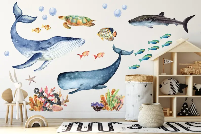 Ocean Animals wall decal set, nursery sticker set, dolphin, whale shark turtle watercolor peel and stick!