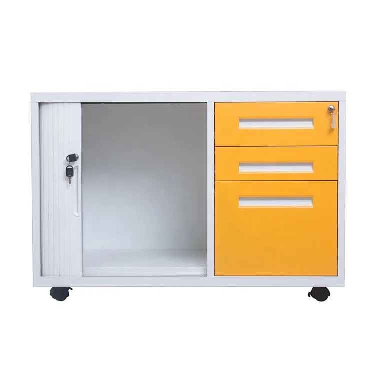 Office Furniture 3 Drawer Tambour Door Steel Pedestal Mobile Caddy File Cabinet  Metal  Storage 