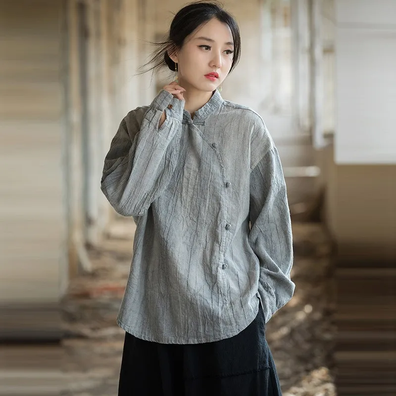 High Quality Women Cotton Linen Casual Shirt New 2024 Autumn Chinese Style Vintage Half High Collar Female Tops Shirts M059