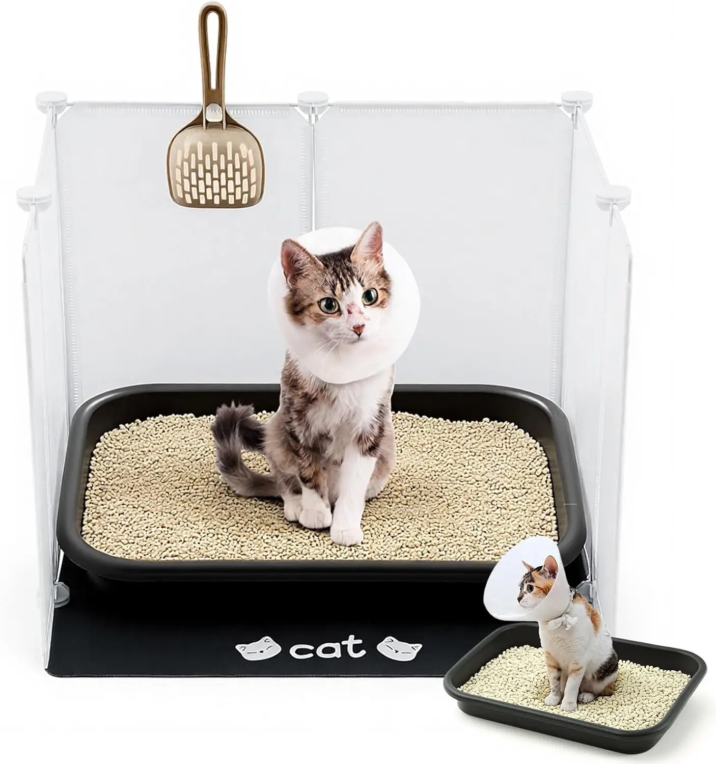 4 in 1 Low Entry Cat Litter Box with Shield, Cover, Splash Guard & Scoop for Senior, Disabled Cats