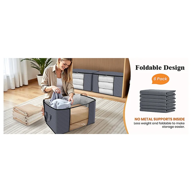 

A95I-Clothes Storage Bags-Foldable Thick Fabric Storage For Organizing Bedroom, Closet, Comforter-6-Pack