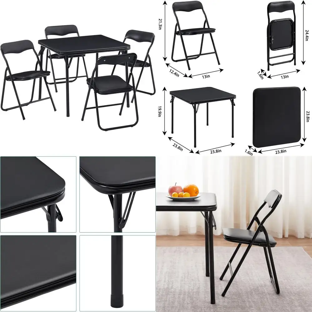 

Portable 5-Piece Kids Folding Table and Chair Set with Soft Cushions, Classic Black