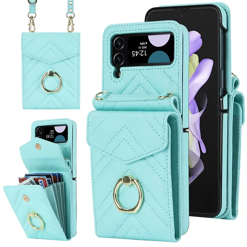 

Lanyard Leather Wallet Card Phone Case Cover For Samsung Galaxy Z Flip 7 6 5 4 3 Flip6 Flip5 Flip4 Flip3 Crossbody Ring Holder