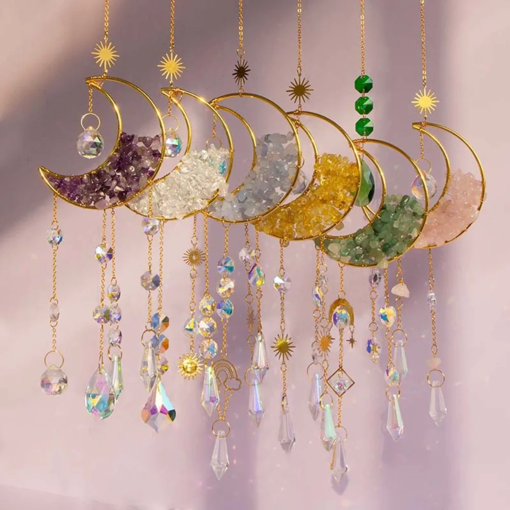 Colorful Moon Crystal Sun Catcher Amethyst Crystals Stone Rainbow Suncatcher Party Decor Rainbow Prism Window Wind Bell Pendant