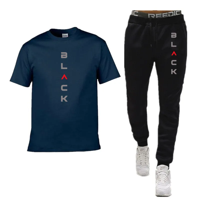 

Black Letter Print Mens Tracksuit T-shirt + Pants Urban Causal Sports Outfit Male Spring Summer Home Outdoor Comfort Tees Set