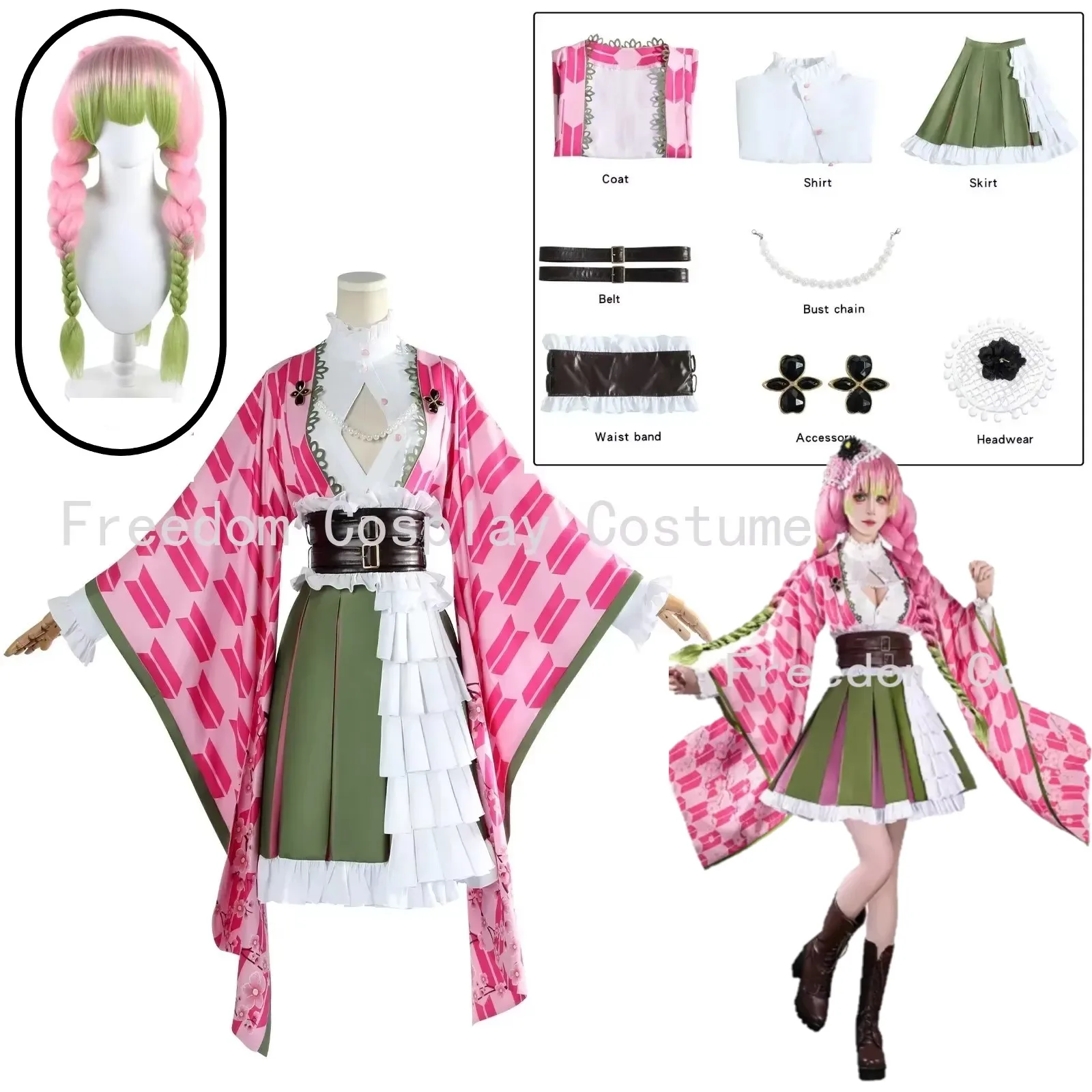

in stock Kanroji Mitsuri Cosplay Costume wig Kanroji Mitsuri The 5th Anniversary Costumes Female Halloween Party Dress