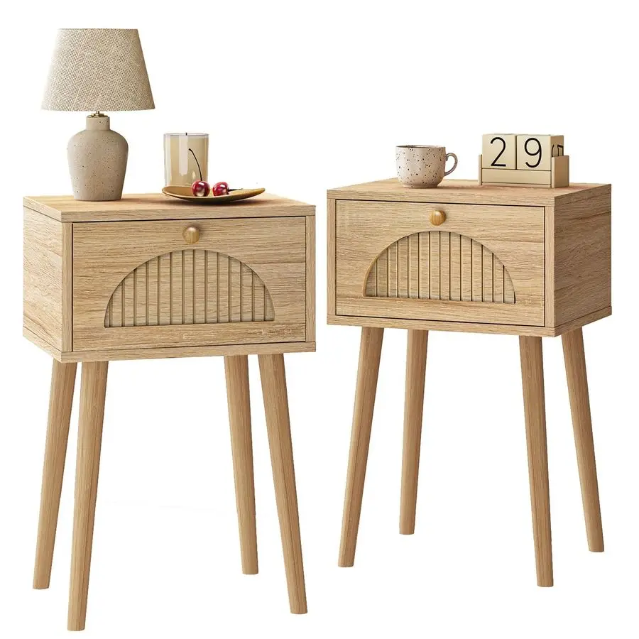 

Прикроватные тумбочки (комплект из 2 шт.) с рифлеными дверцами, маленький приставной столик с ножками из массива дерева для спальни в малогабаритных помещениях, современный прикроватный столик в стиле середины века