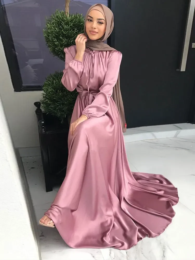 

Satin Abaya Long Dress Women Elegant Big Swing Belted Hijab Robe Islam Dubai Turkish Modest Abayas Muslim African Dresses