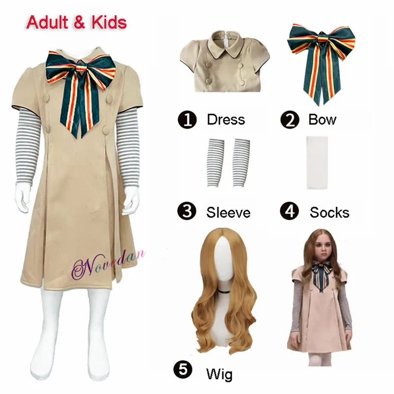 qq023Adult Kids M3GAN Cosplay Costume Wig Megan Dress AI Doll Robots Outfit Hair Full Set Halloween Party Clothes For Girls Wome