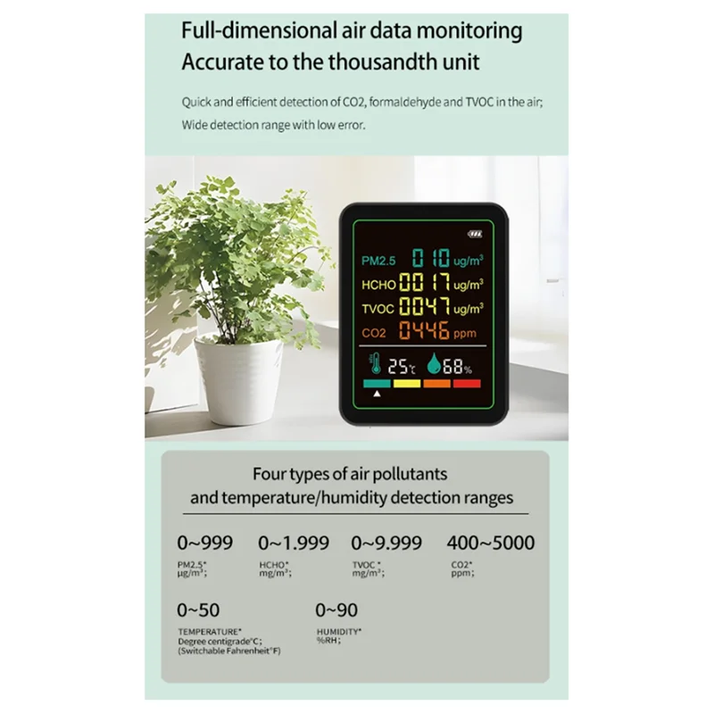 BAAY MT07WT 6-w-1 Monitor Jakości Powietrza Wewnętrznego PM2.5 Domowy HCHO TVOC CO2 Temperatura Wilgotność Przenośny Tester Do Użytku Domowego Wh