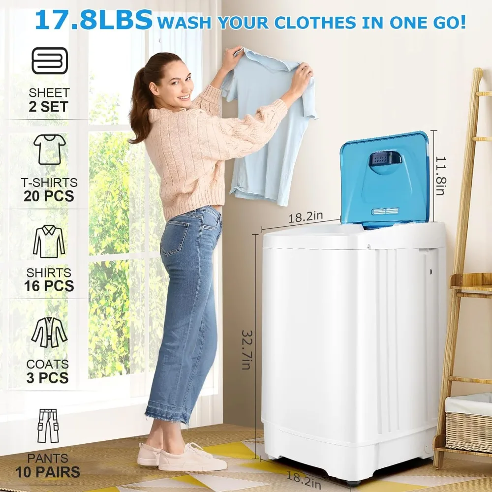 Portable Washing Machine 17.8Lbs Fully Automatic Laundry Machine with 8 Programs 3 Water Temps 3 Water Levels Selections