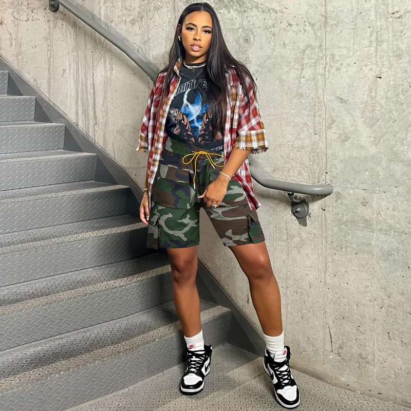 

Camouflage Printed Denim Shorts Loose Street Jogger Pants Lace Up Casual Cargo Pants 2025 Spring Summer New Lady Denim Trousers