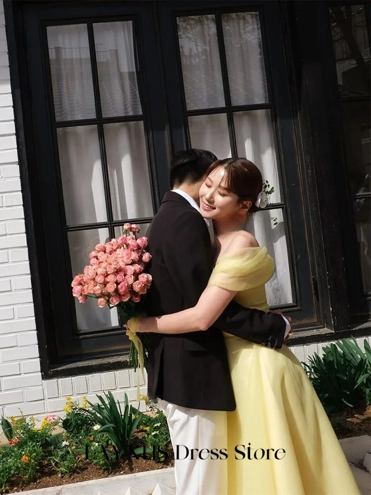 LAYXHS Elegant ชุดแต่งงานเกาหลีสีเหลืองปิดไหล่ Tulle A-Line ชุดเจ้าสาวที่กําหนดเองğün parti elbise