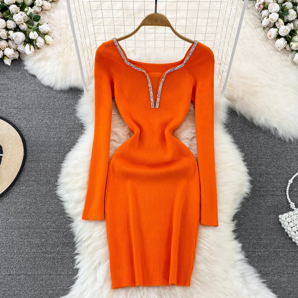 Chic Elegant Glitter V Neck Long Sleeve Elastic Bodycon Dress Sexy Fashion Knit Pencil Vestidos Slim Autumn Winter party robe