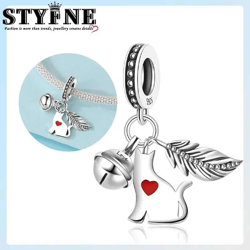 Animals Pets Beads 925 Sterling Silver I Love My Cat, Feather Bell, Cat Teaser 3 Pcs Set Charms Bracelets Jewelry Gift