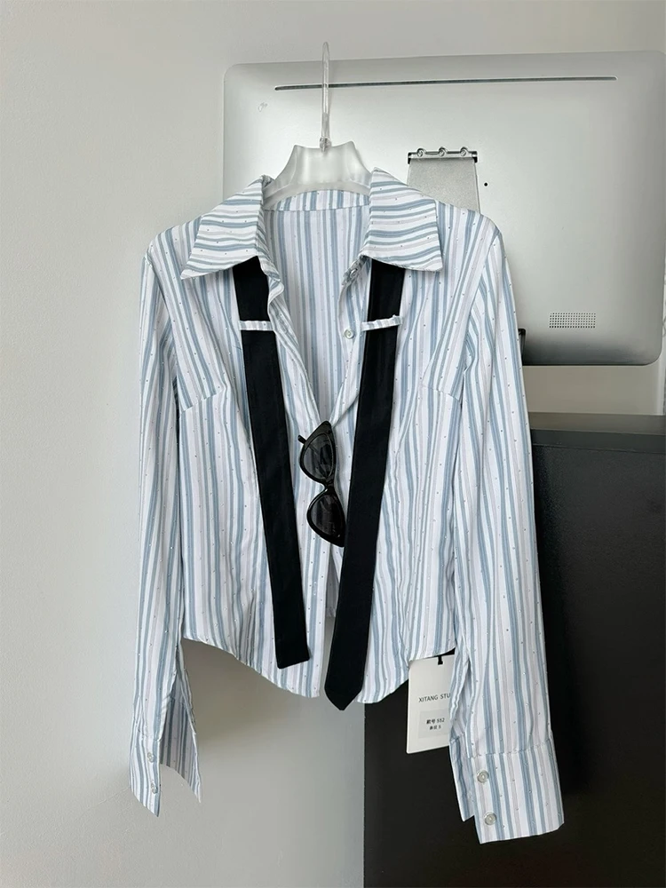 Autumn Women Old Money Vintage Striped Shirts With Tie Long Sleeve Slim Blouses Mori Girl Elegant 2000s Aesthetic Preppy Korean