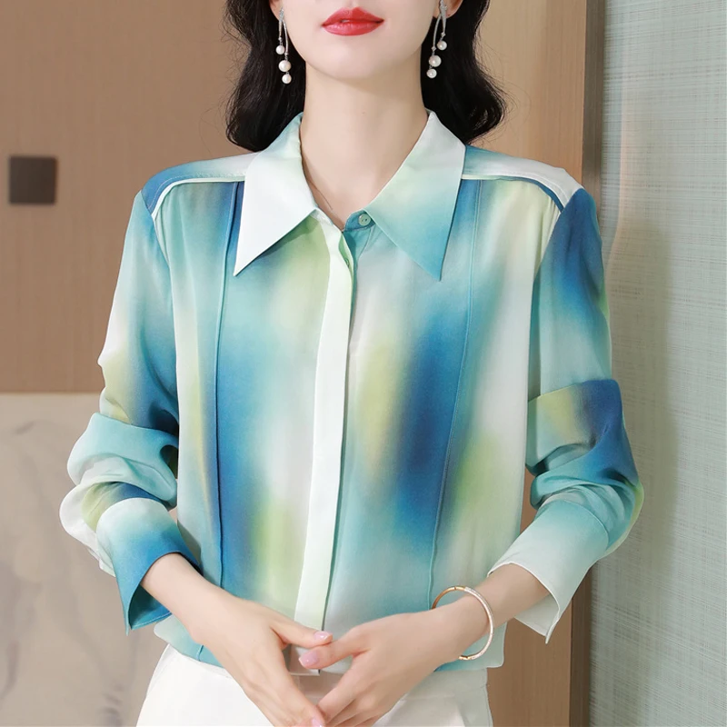 Camicette di seta casual streetwear con stampa chic a maniche lunghe Camicie da donna eleganti e sottili da ufficio Top vintage Camisas