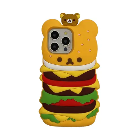 For iPhone 16 15 14 Plus 13 12 Pro Max Case Cute 3D Cartoon Rilakkuma Hamburger Phone Cases Soft Silicone Cover