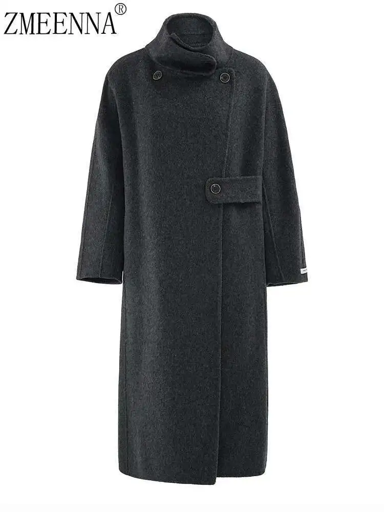 

ZMEENNA Dark Gray Big Size Thick Long Woolen Coat New Stand Collar Long Sleeve Women Jacket Fashion Autumn Winter 2024 ZM355