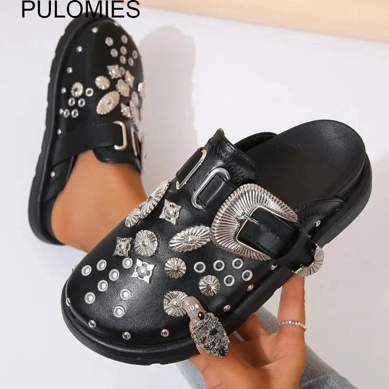 

Autumn Women Slippers Platform Rivets Punk Rock Leather Mules Metal Fittings Casual Loafers Shoe Fashion Female Outdoor Slides