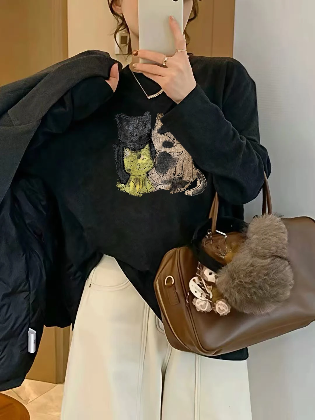 Korean Style Fleece Lined Thickened Base Layer Shirt Women's Loose Winter Long Sleeve T-Shirt Inner Wear Casual Creative Design