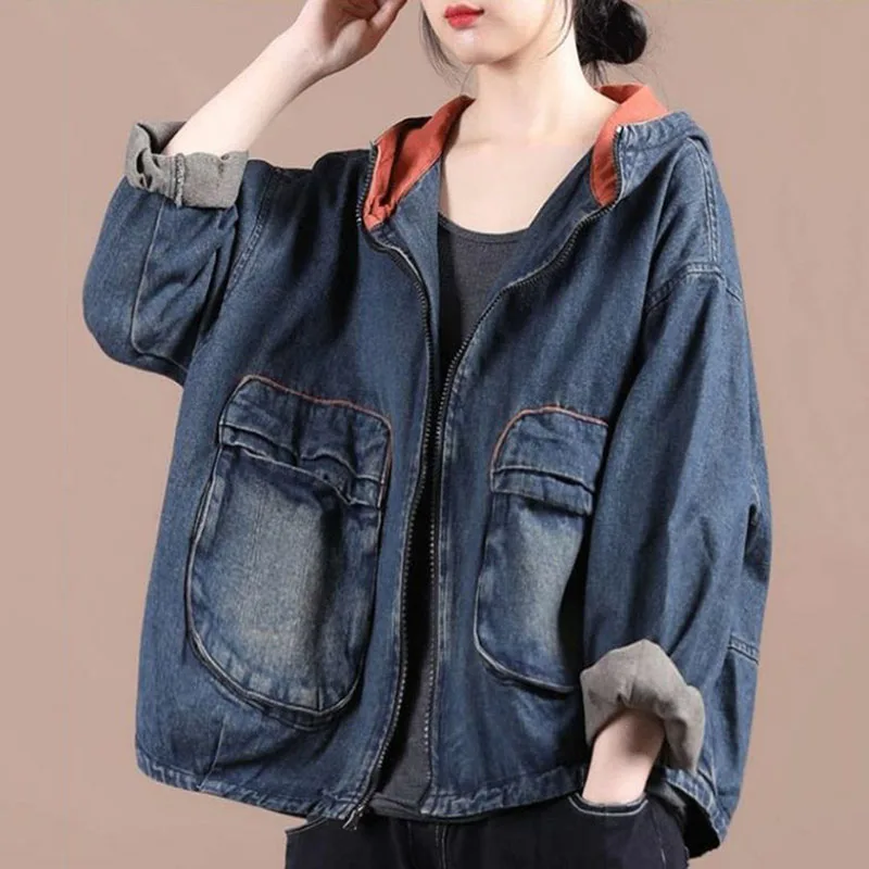 

Весенне-осенняя новая винтажная джинсовая куртка, женская корейская мода, короткое джинсовое пальто с длинными рукавами и капюшоном, женская свободная верхняя одежда, топы