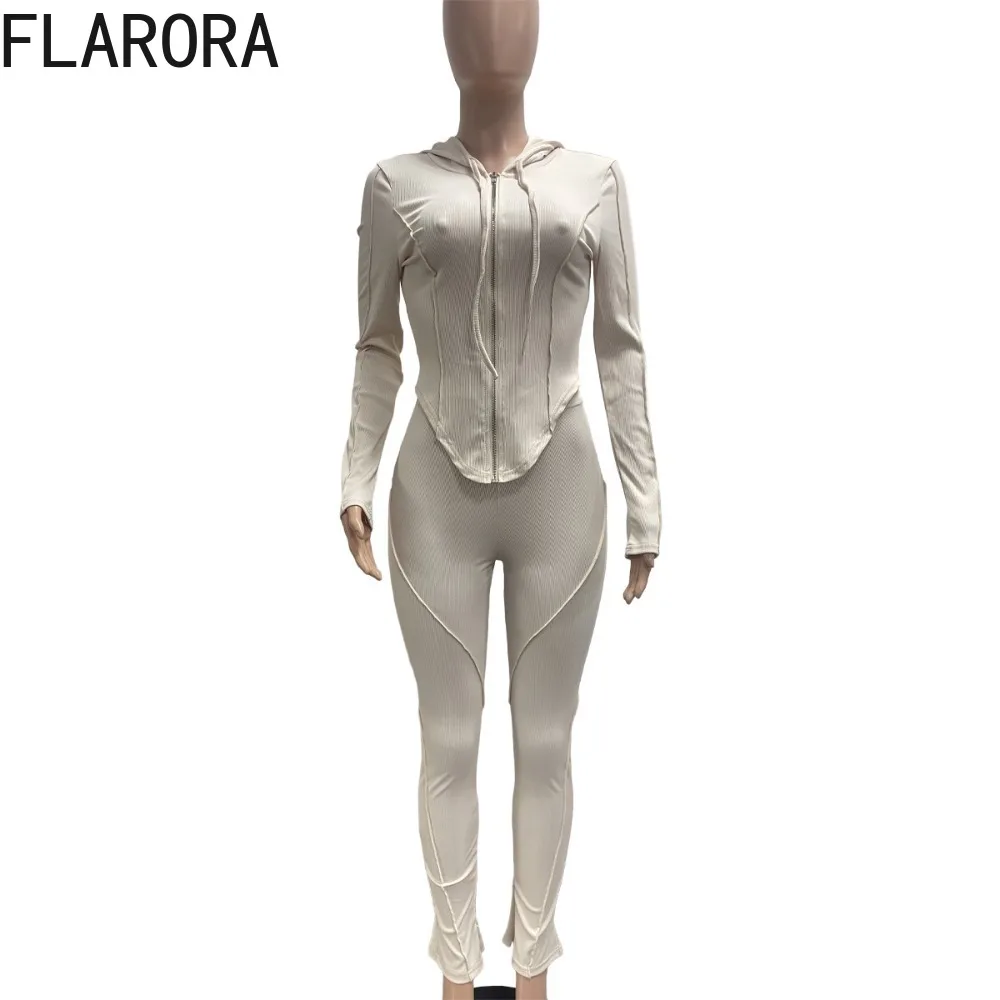 FLARORA-Conjunto deportivo informal de otoño para mujer, chaquetas con capucha y cremallera de manga larga y pantalones acampanados con abertura, ropa de calle, chándales, 2 uds.