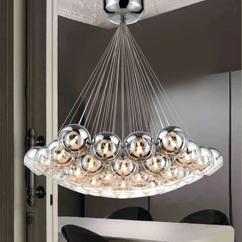 

LED Crystal Glass Ball Pendant Lamp Loft Hotel Hall Semi Sliver Globe Cluster Ceiling Chandelier Suspension Hanging Light