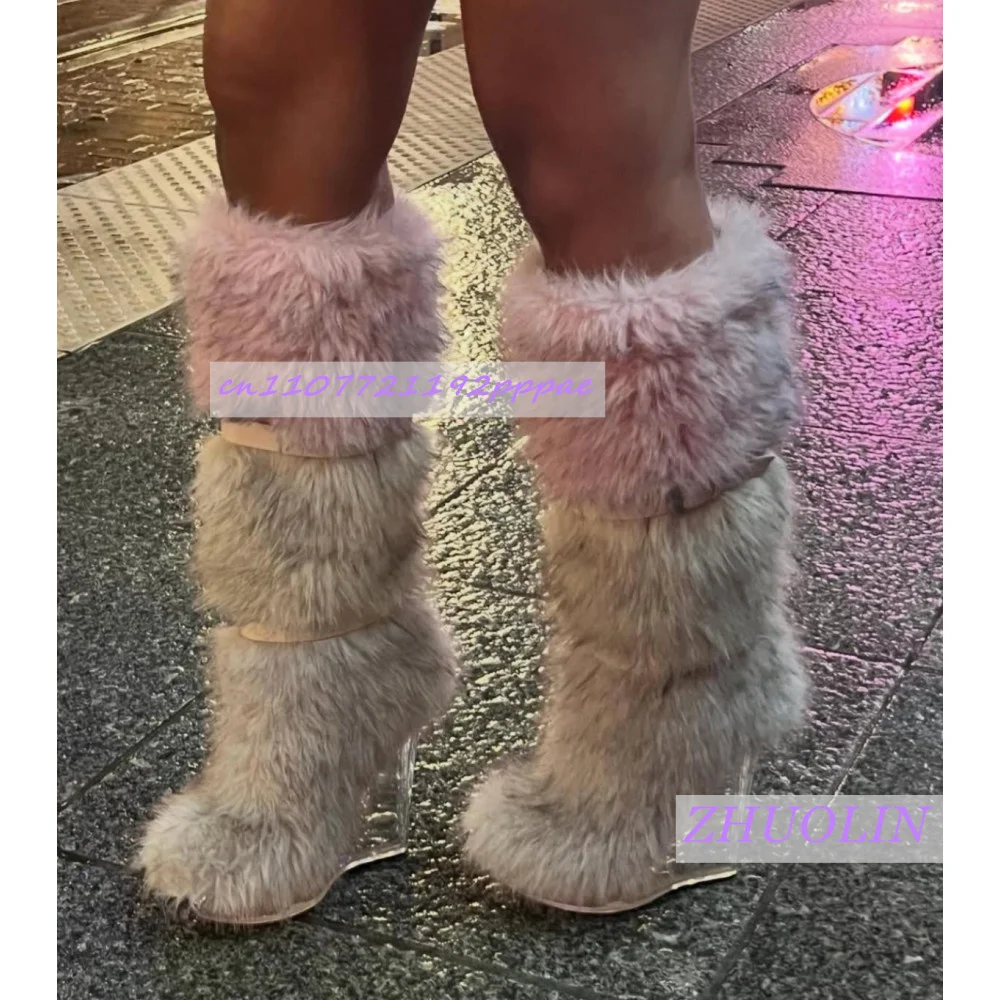 Winter Gradient Furry Transparent Wedge Boots Women'S Sweet Belt Buckle Snow Boots Fashion Trend Punk Runway Knee-High Boots 43 - view 2