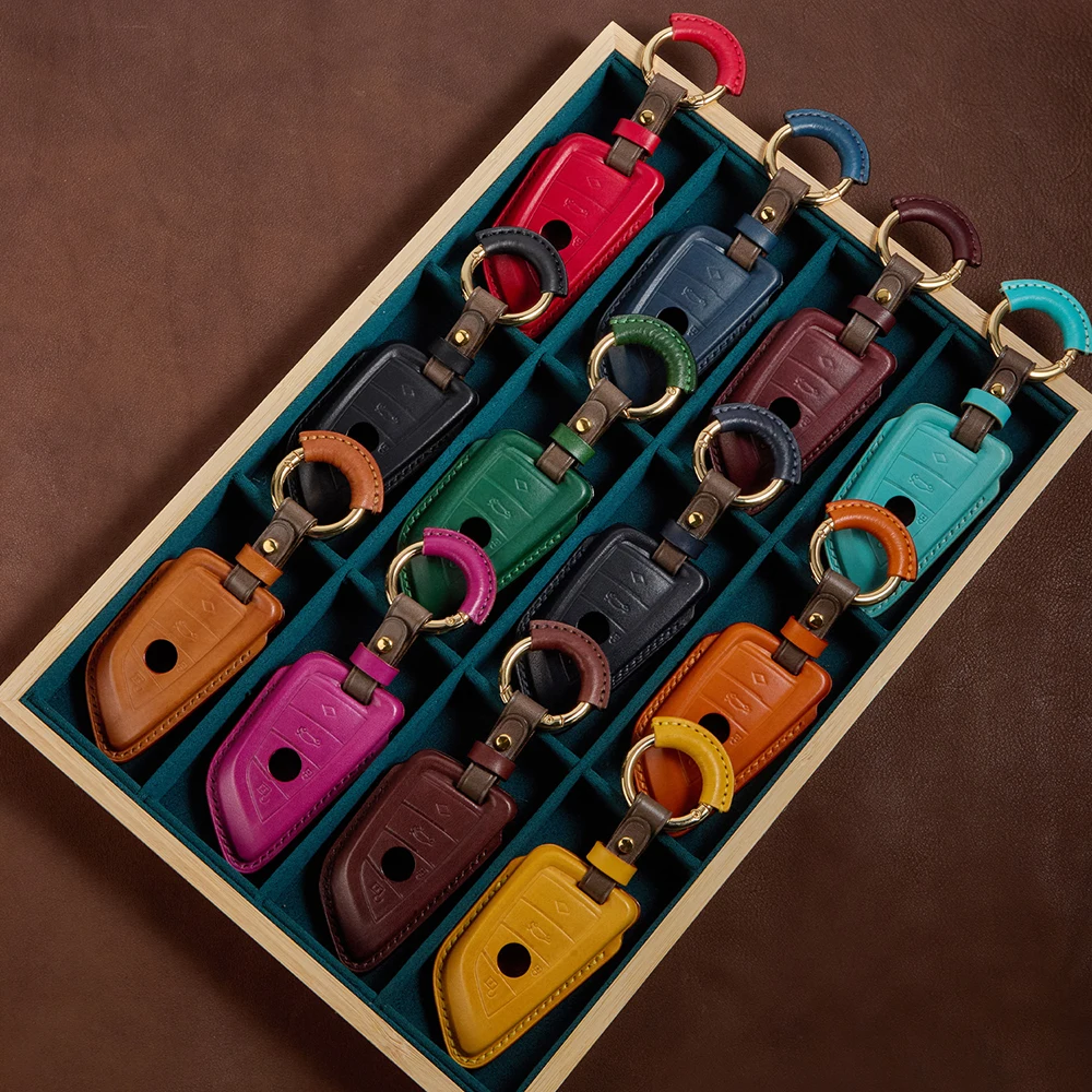 CRAZYSMITH 100% Handmade Genuine Leather Key Case for BMW X1/2/X3/X4/X5/X6/7 Keys Fib Cover Cowhide Luxury Gift Car accessories