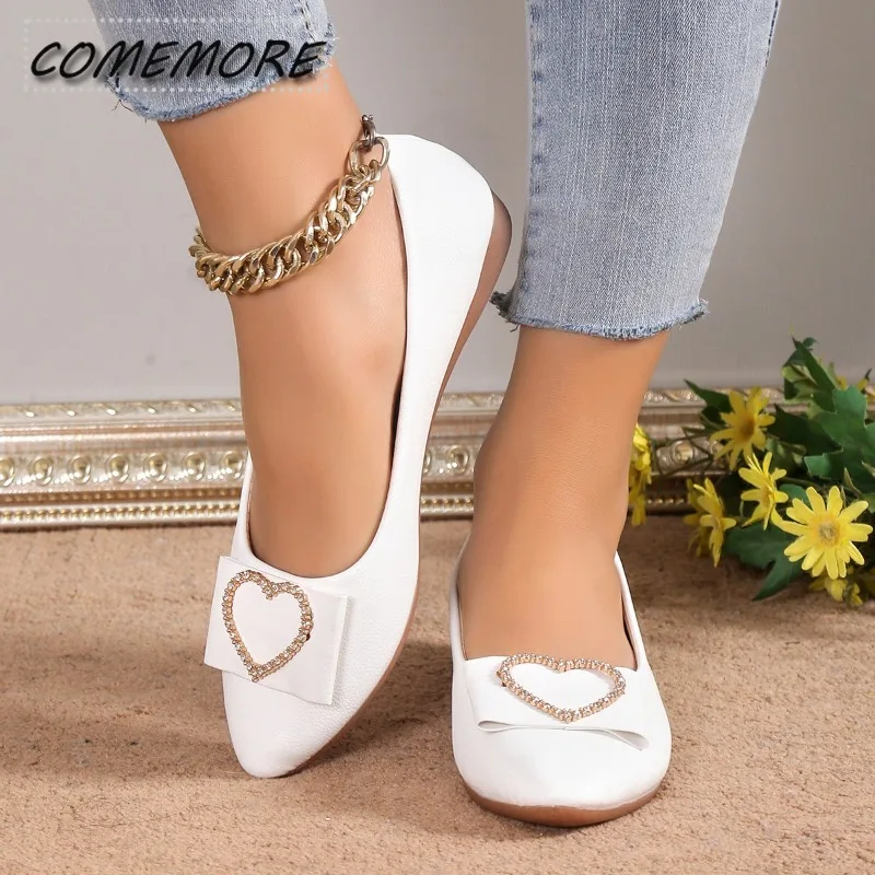 Spring Woman‘s Flats Shoes Ballets Metal Buckle Bow Lady Fall Girl Ballerina Dress Pointed Toe Slip on Office Leather PU Casual