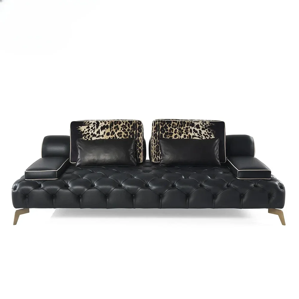 Elegant Chesterfield Sofa in Black Premium Quality Top Grain Leather 3-Seater for Luxurious Villa Living Rooms