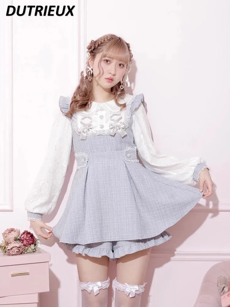 Spring New Japanese Mine Lolita Ribbon Tops Long Sleeve Slimming Dress and Base Shorts Suit Sweet Cute Bow Two-Piece Set