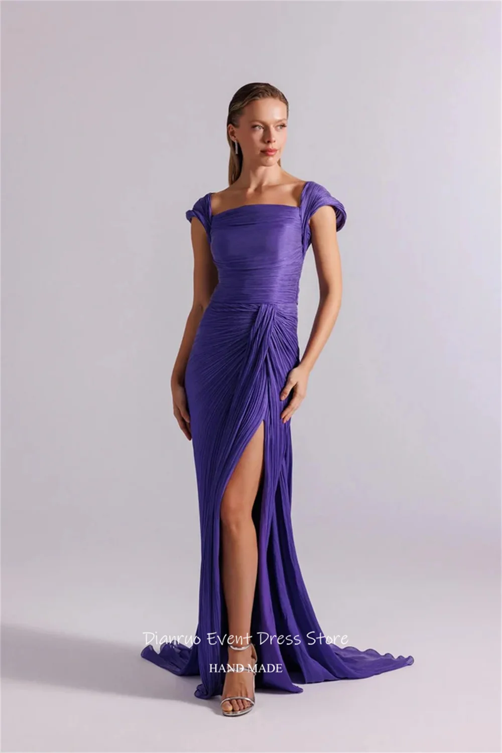 ชุดราตรี Dianruo สีชมพูฟูชั่น คอเหลี่ยม ผ้าชีฟอง แต่งระบาย ชุดเดรสออกงาน ผ่าข้างสูง ปี 2025 สำหรับผู้หญิง รับตัดตามสั่ง