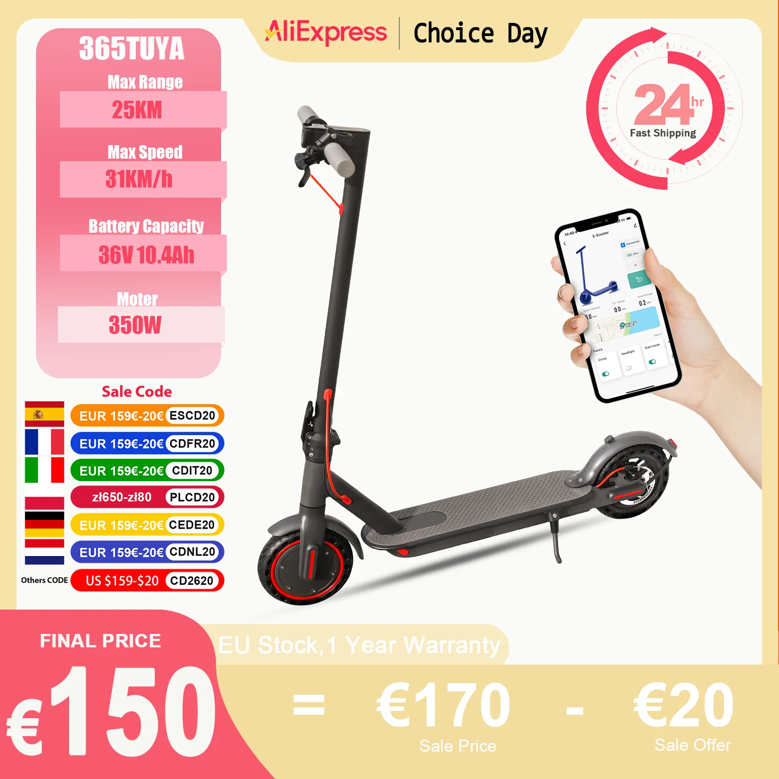 JUICEASE 365-Trottinette Électrique TUYA Pliable pour Adulte, Moteur Injuste Intelligent, 25km