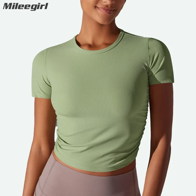

Mileegrirl Ribbed Women Yoga Shirts, Short Sleeved Sports Tops, Slim Fit Fitness Gym Crop Top, Solid Workout Tops Running Vest