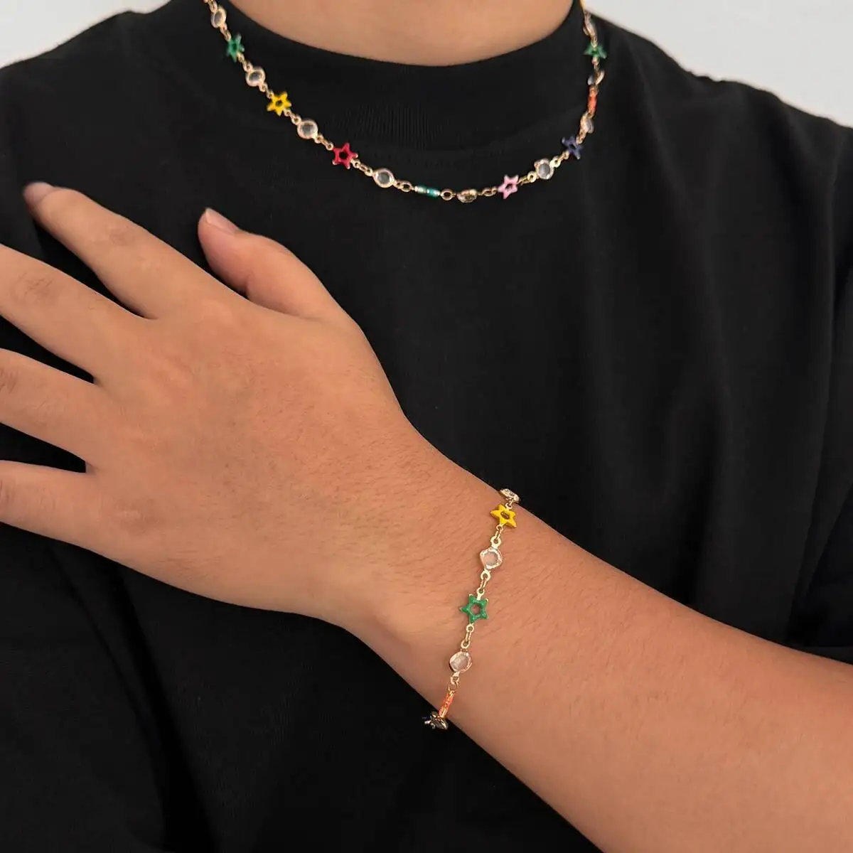 SHIXIN الهيب هوب الملونة ستار سلسلة قلادة سوار الرجال طقم مجوهرات Y2K قابل للتعديل قصيرة المختنق الإسورة الذكور المجوهرات هدية جديد