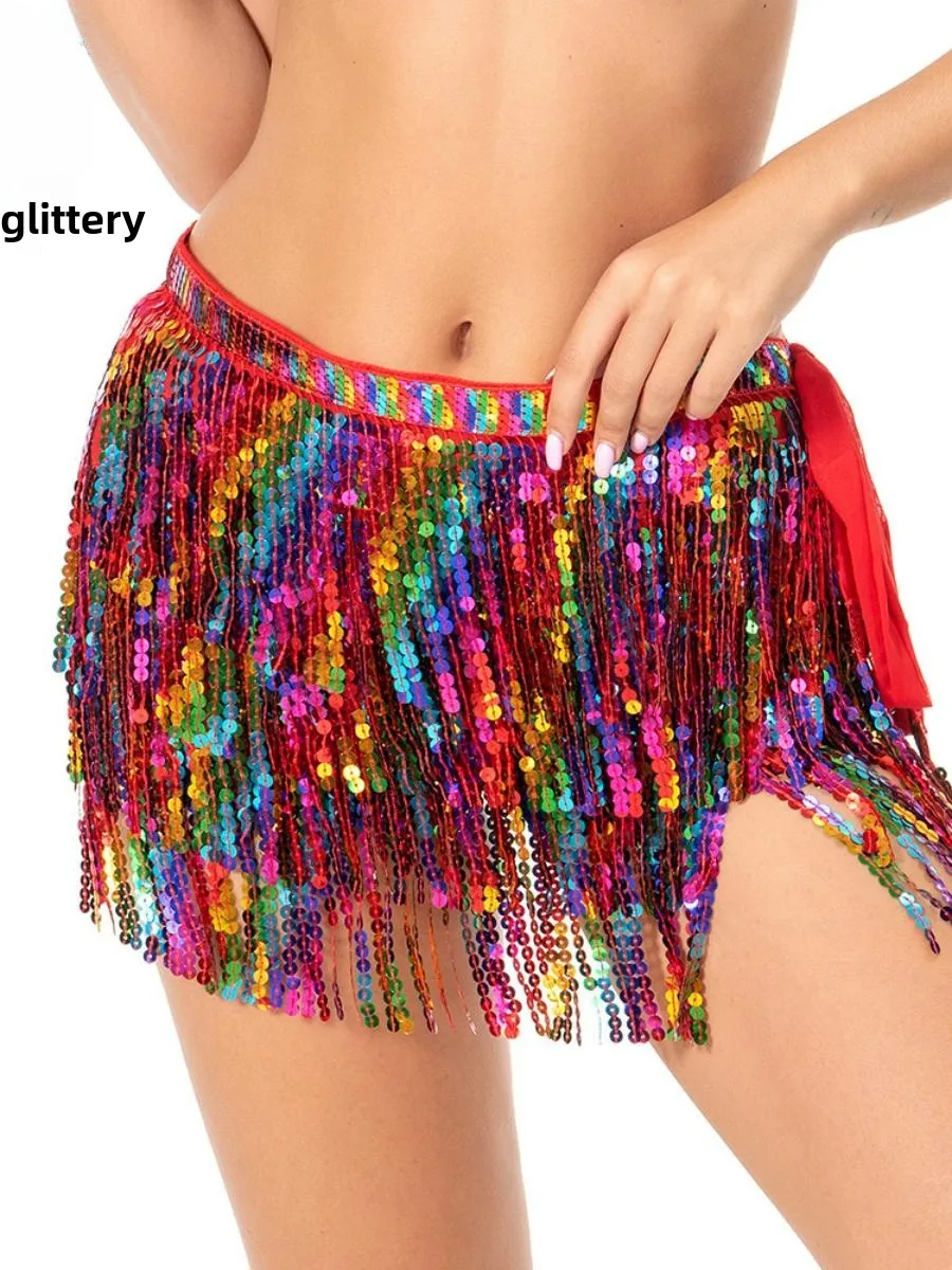New loween Sparkling Belly Dance Costume Skirt Par Performance ow off oulder Sequin Waist Towel Tassel Women's Dr