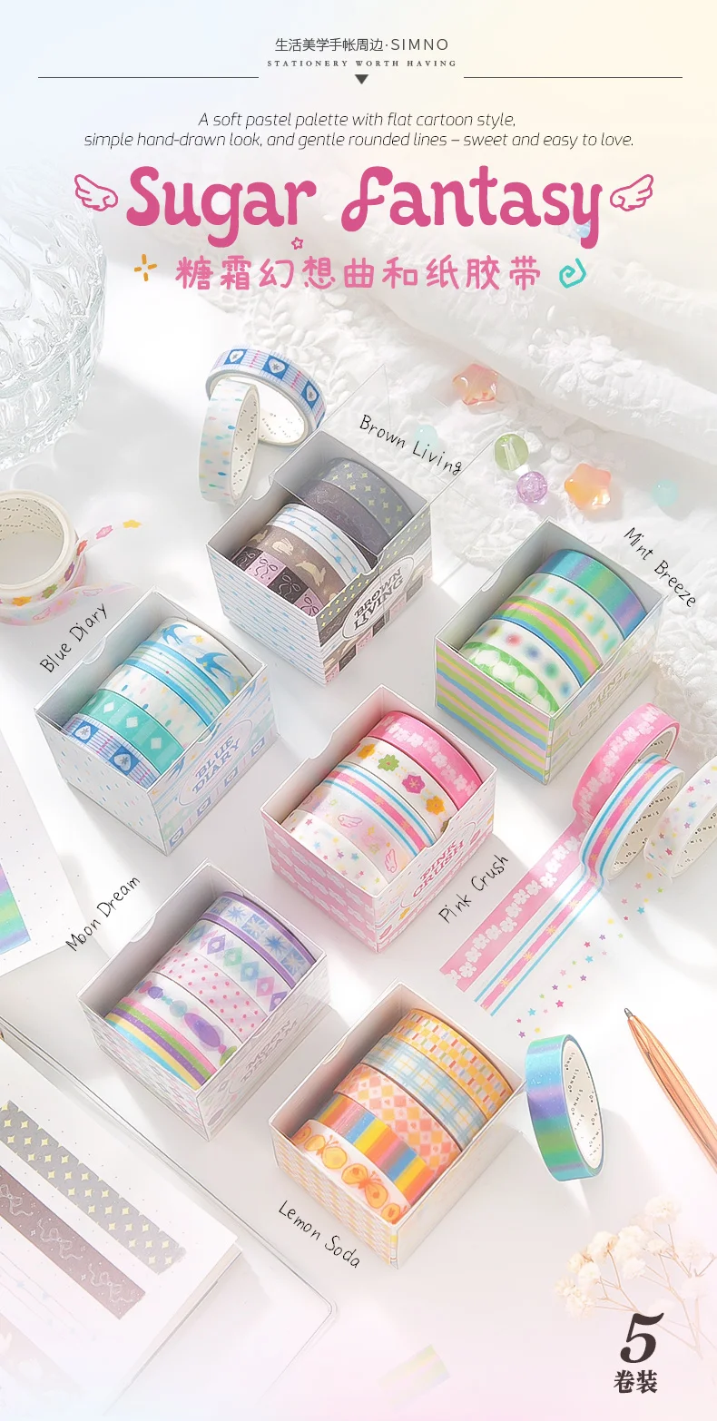 Journal GO 5 Rollen 1cmx2m Niedliches Zucker-Fantasie Washi-Tape Aufkleber für Collage Journal Deko Planer Scrapbooking Material – Detail 1