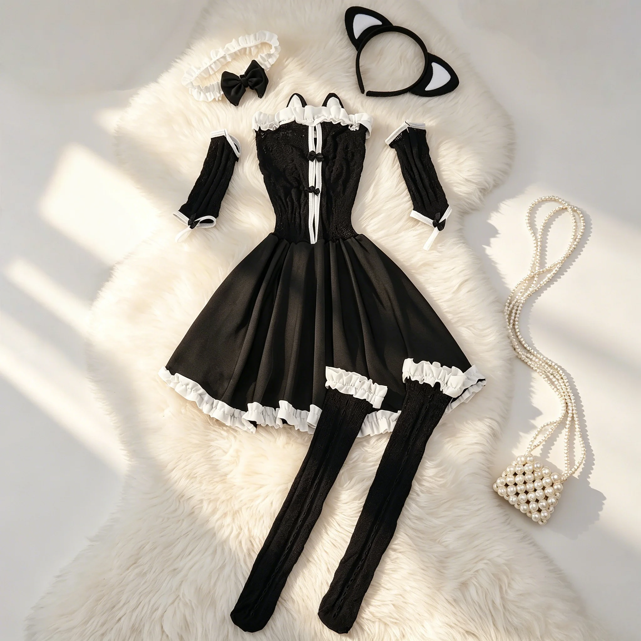 Y2K Lolita Damen Minikleid Trägerloses Rüschenkleid mit Schleife Plissierter Rock Wickelkleid Hotweet Süßes Ballkleid Sexy Club-Party Schwarzes Kleid