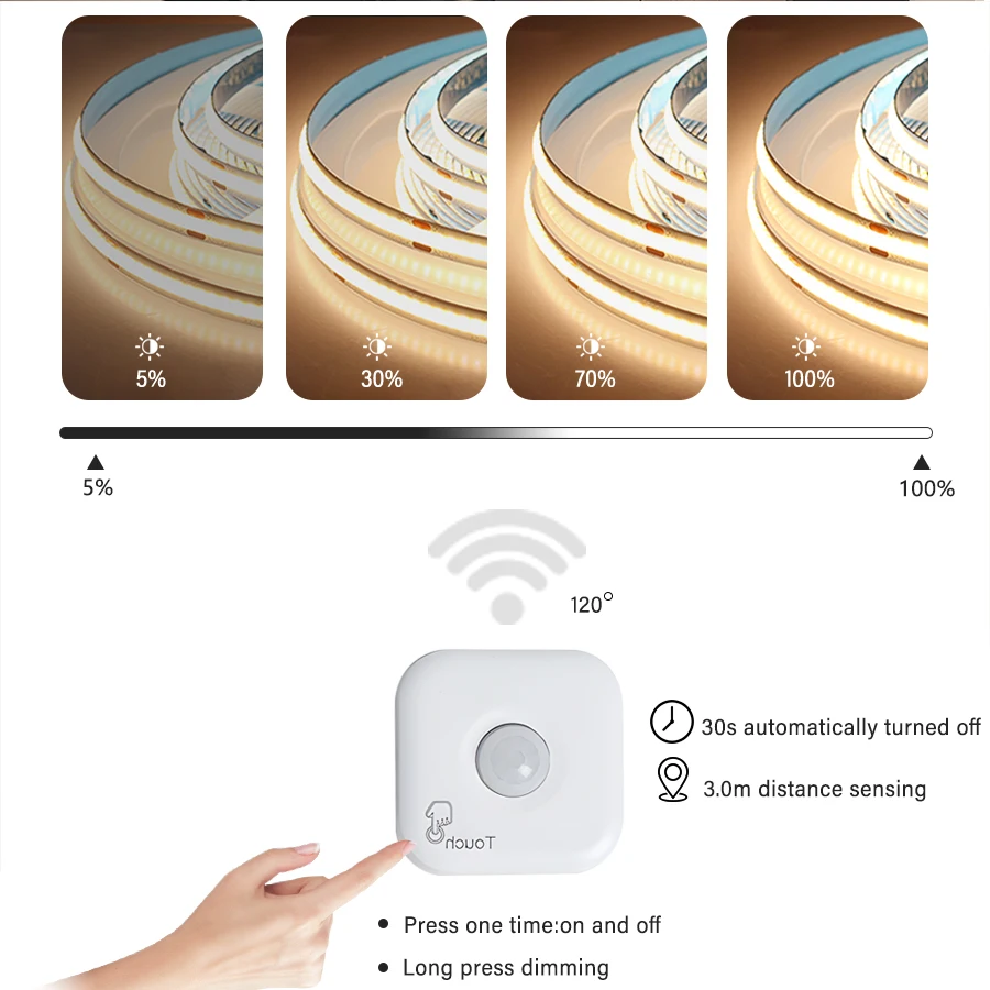 COB LED Strip Light para Under Cabinet Coleção, sem fio Motion Sensing, Toque Mão Scan, Regulável Bar, Lâmpada da noite, Estante Roupeiro