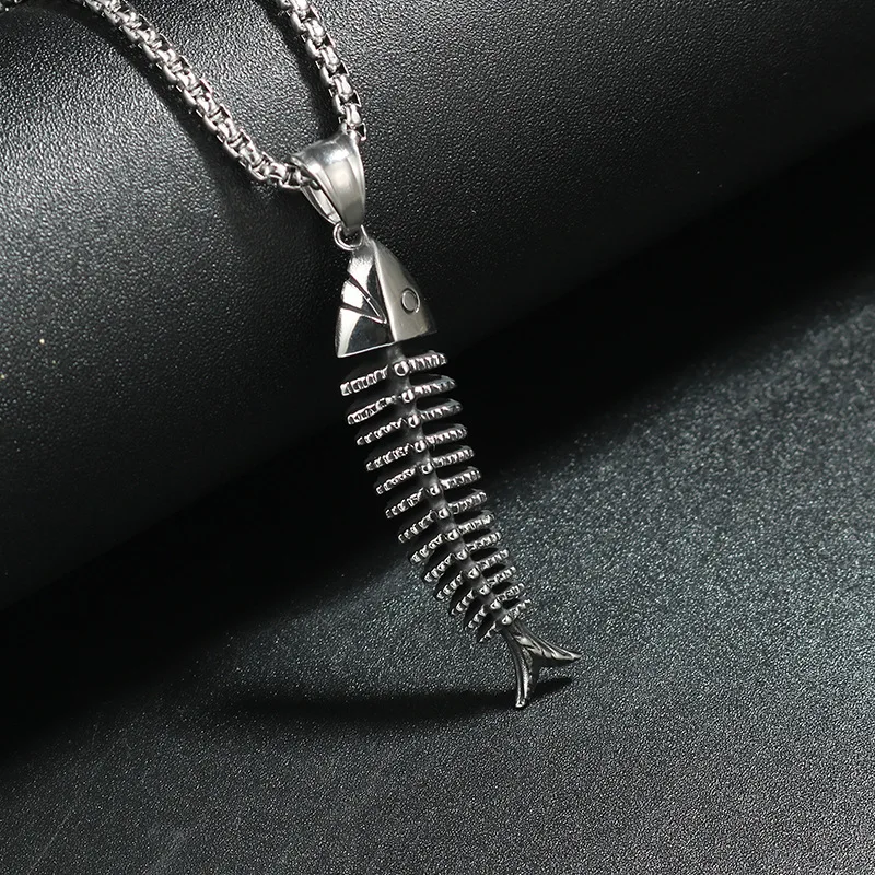 Creative Design Fish-Shaped Fishbone Pendant Necklace Hip Hop Gothic Style Male Pendant Necklace Punk Bohemian Jewelry Gift