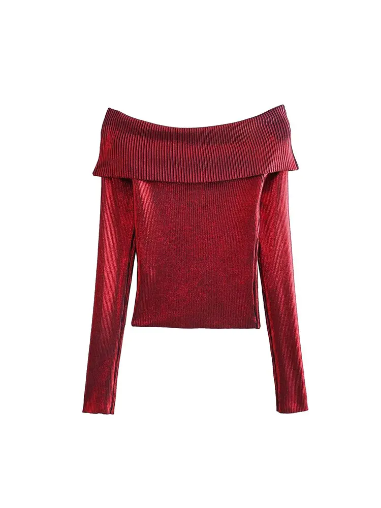 TRAF 2024 Shiny Metallic Women Off Shoulder Sweater Knitted Long Sleeve Pullovers Female Crop Top Y2K