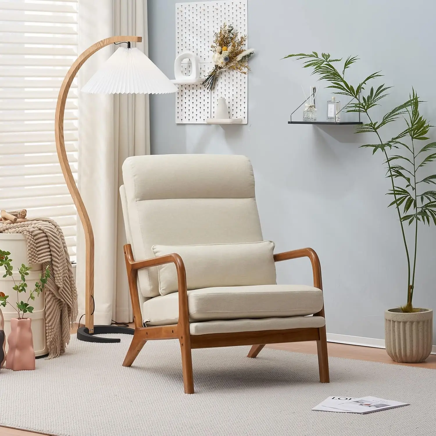 

High Ba Linen Beige Mid Modern Accent Chair, Soild Wood Padding Lounge Armchairs Side Sitting Chairs For Living Room, Bedroom,