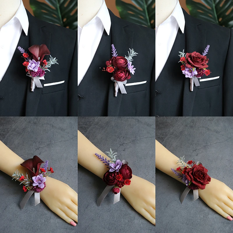 GT Seide Corsage Handgelenk Blume Hochzeit Dekoration Hochzeit Rose Brosche Hufeisen Lilie schwarz und rot